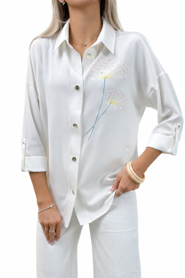 Koszula damska elegancka haftowane kwiaty – koszula wizytowa długi rękaw - kremowa